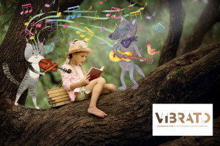 A cute little girl with blonde hair and a straw hat is reading a book in a big tree. Children and science.